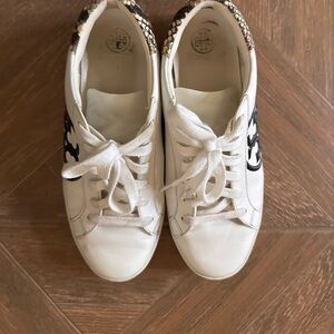 Tory Burch White Leather Sneakers with Black Logo and Snake-Print Accent